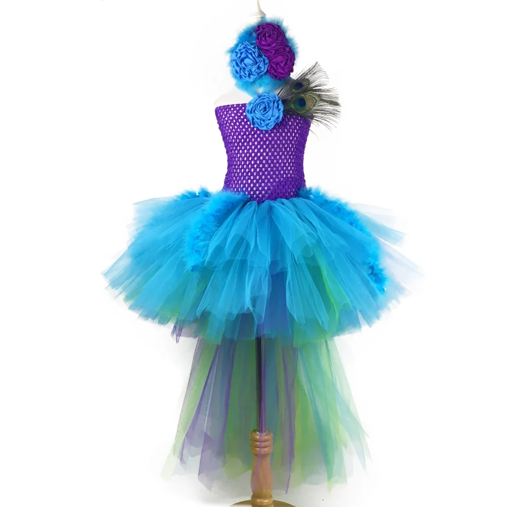 

Girls Peacock Feather Tutu Dress Kids Crochet Tulle Trailing Dress with Flower Hairbow Children Party Costume Cosplay Dresses