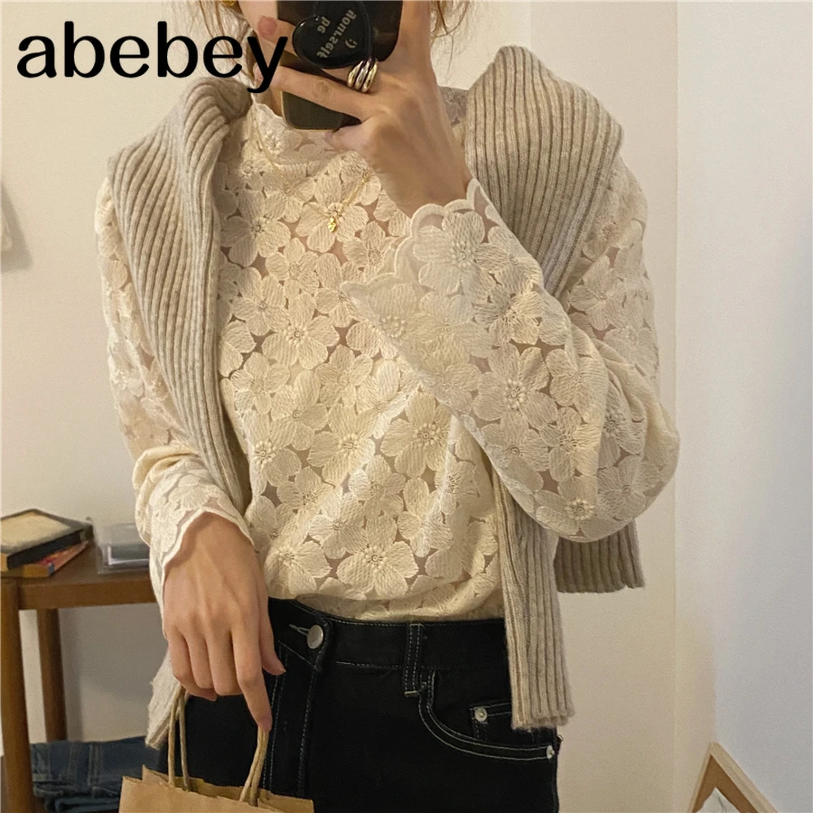 

Chic Fashion Sweet Lace Embroidery Flower Blouse Stand Collar Hollow Out Puff Sleeve Women Shirts Spring Femme Blusas