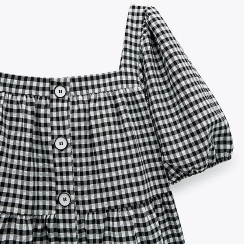 

EleeMee Mini Dress For Women Summer Plaid Square Neck Short Sleeve Single Breasted A-Line Empire Dresses Daily Casual Size S-L