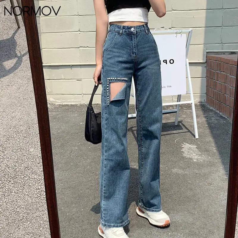 

NORMOV Fashion New Jeans Women High Waist Hole Ripped Straight Denim Pants Harajuku Casual Hip-hop Wide Leg Pant Trouser Female