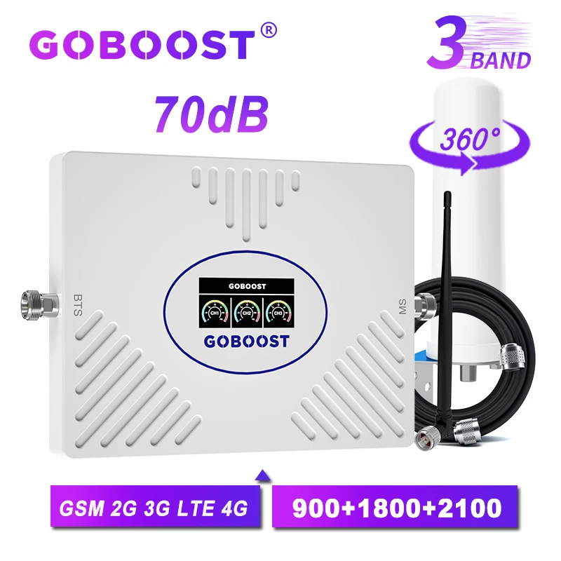 GOBOOST 3 Band Mobile Phone Signal Booster GSM 900 2G 2100 4G LTE 1800 MHz Cellular Amplifier 70dB Gain Repeater Kit B8 B1 B3