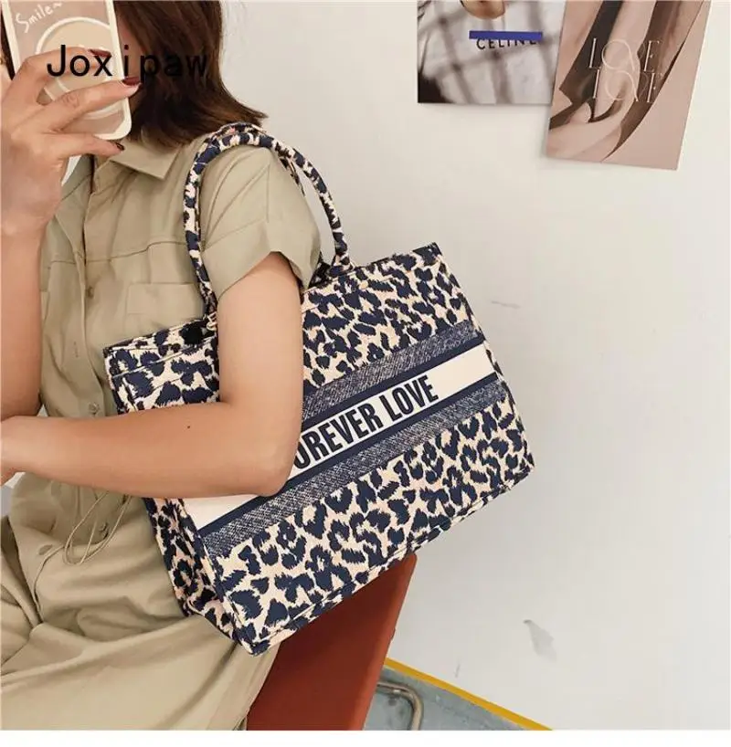 

Ladies Shoulder Bag Luxury Denim Leopard Print Large Capacity Female Designer Letter Print Shopping Bag Fashion Female Bag