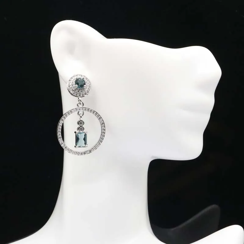 Женские свадебные серебряные серьги с голубым топазом 38x22 мм|925 silver earrings|ladies