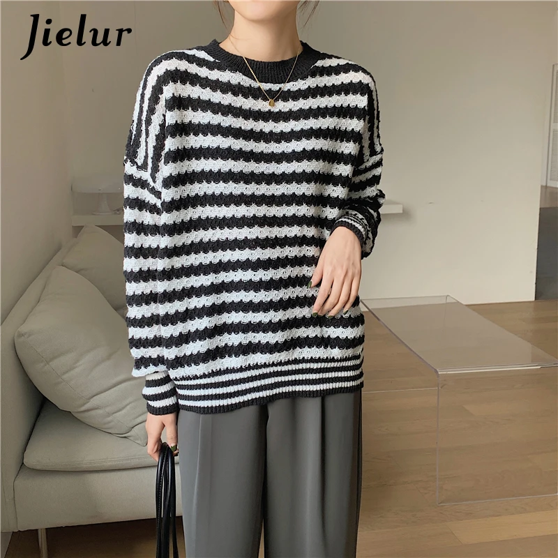 

Jielur Autumn Winter Green Knitted Striped Sweaters Women Casual O-neck Pullovers Sweater Coffee Warm Streetwear Knitwear Female
