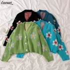 Кардиган женский вязаный с цветочным принтом, с V-образным вырезом