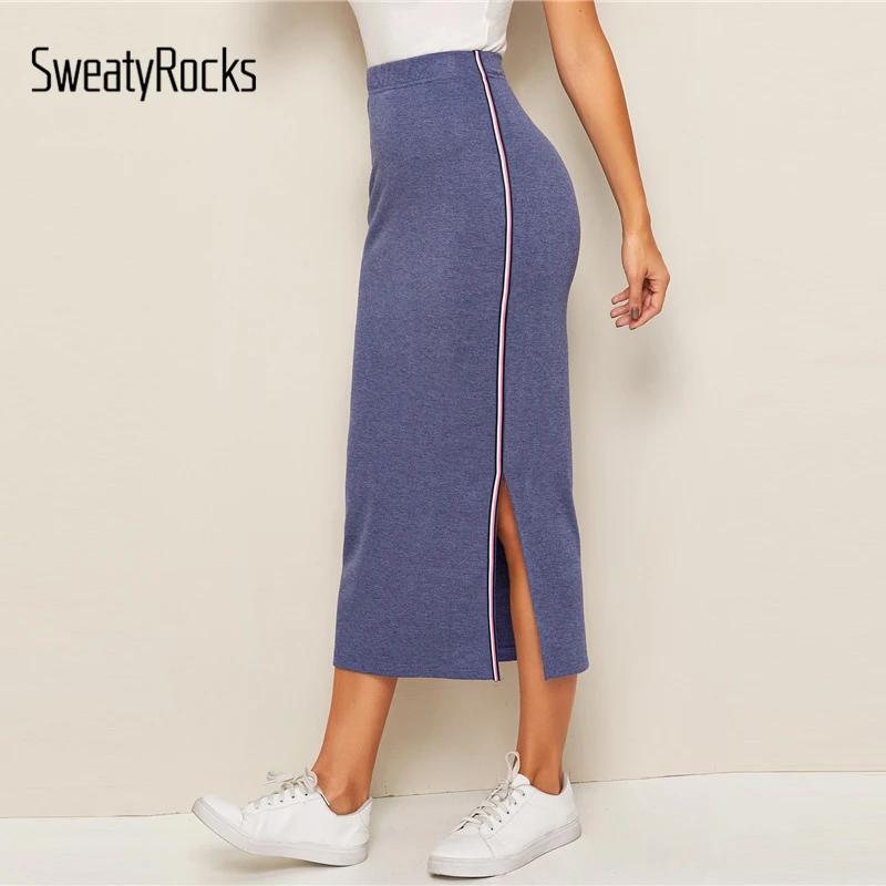 SweatyRocks, синяя полосатая трикотажная юбка с лентами и разрезом, спортивная одежда, обтягивающие длинные юбки, женские юбки-карандаш с высокой талией