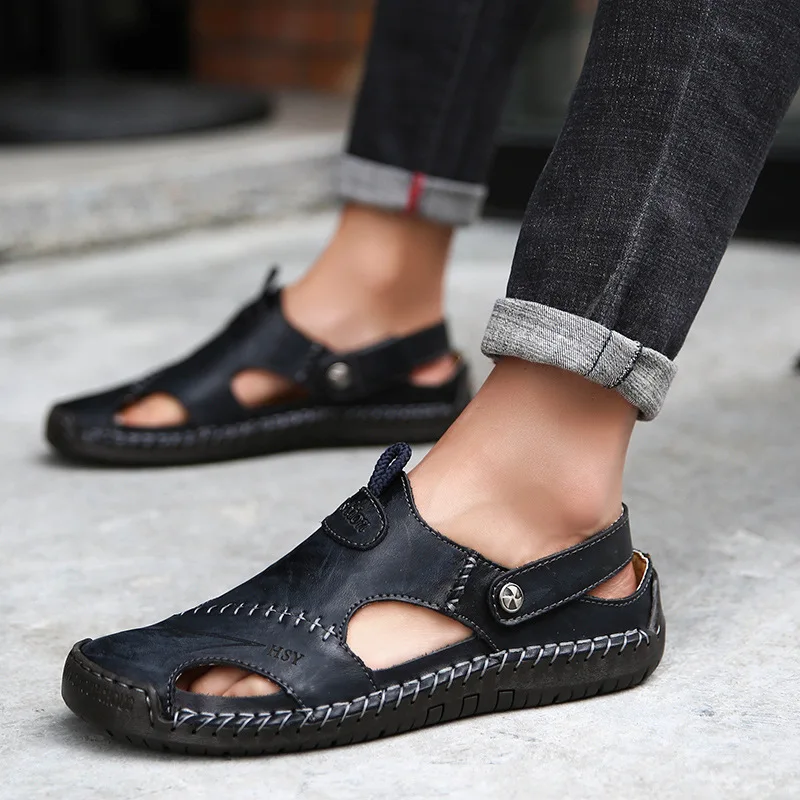 Summer New Style Flip Flops Men Leather Genuine Closed-toe Fashion Cowhide Split Toe Outdoor Wear Slippers Shoes | Обувь