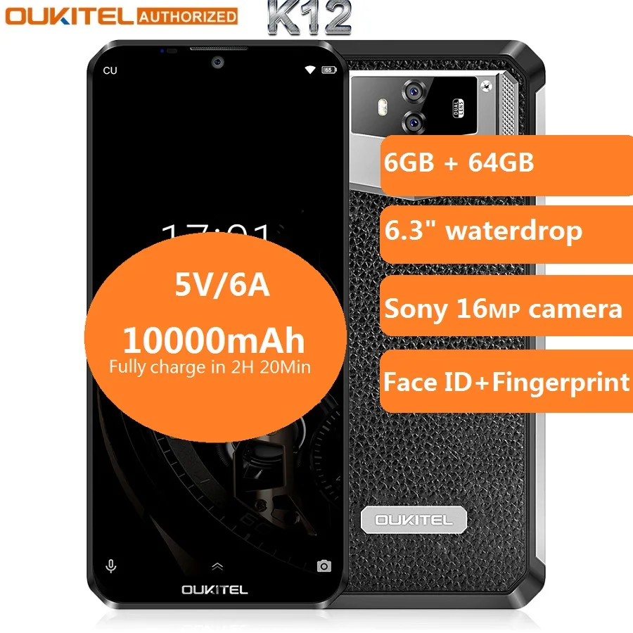 Смартфон OUKITEL K12 10000 мАч быстрая зарядка 5 В/6 А FHD + большой экран 6 3 дюйма Android 9 0