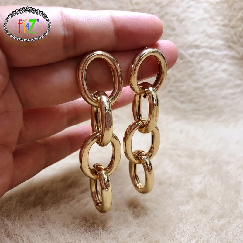 

F.J4Z Trendy Hyperbole Drop Earrings Gold Color Alloy Cuban Chain Chandelier Earring Ladies Punk Earrings for Show Dropship