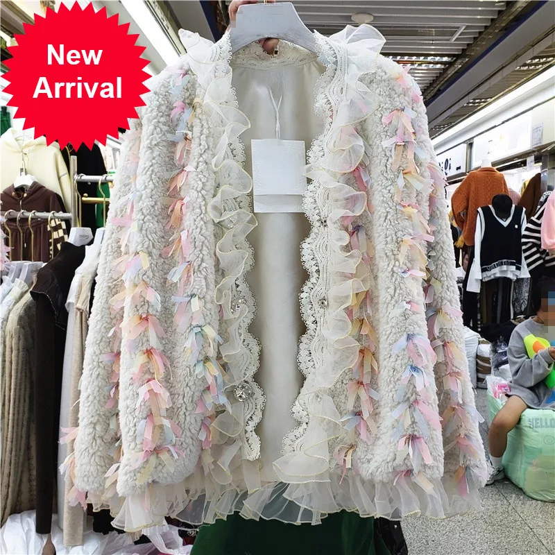 

Lamb Wool Coat for Women 2021 Autumn Winter New Colored Mesh Velvet Thickened Warm Imitation Fur Jacket Lady Loose Cotton Top