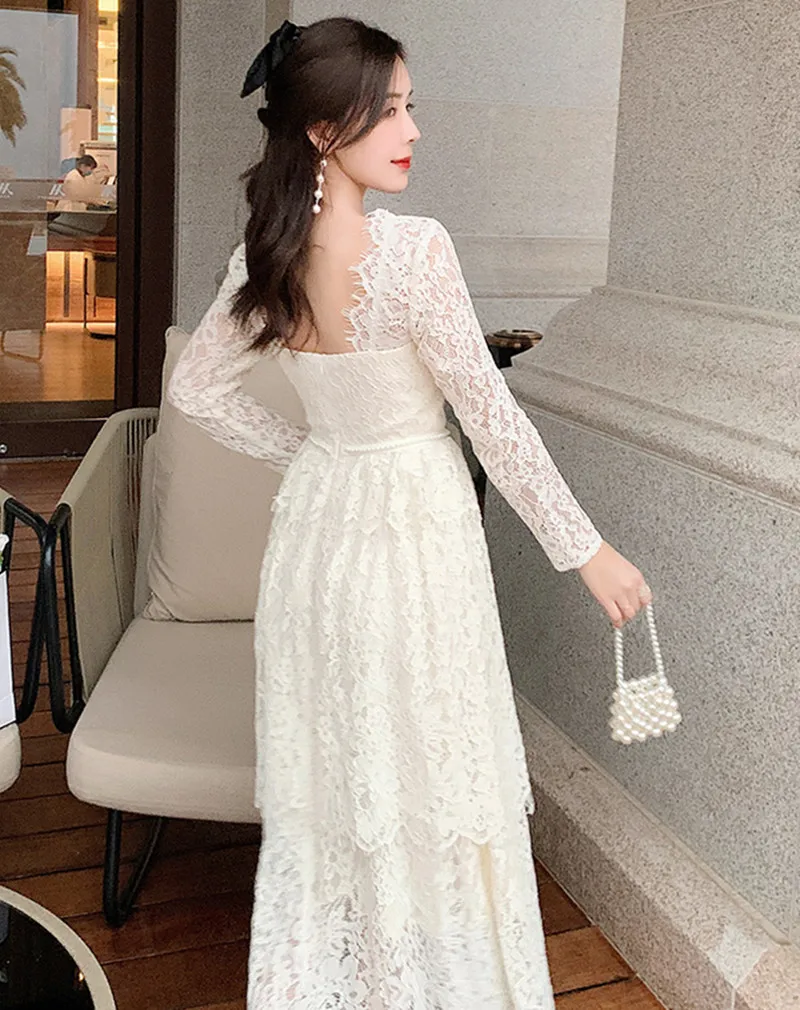 

New Fashion Chic Elegant Lace Hollow Out Runway Dresses Autumn Women's Square Collar Long Sleeve White Cake Dresse