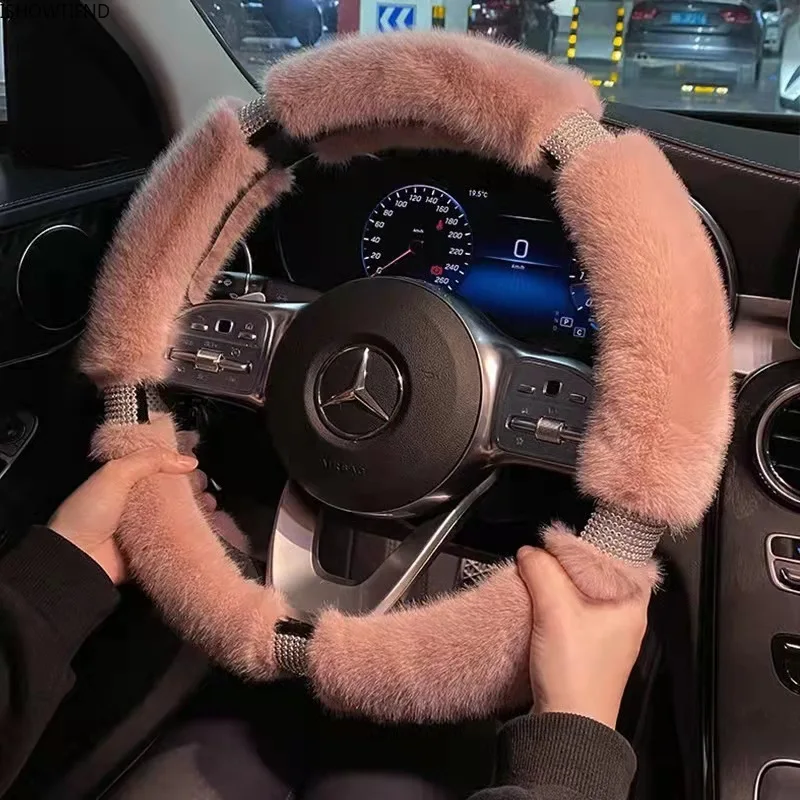 

Car Steering Wheel Cover Fashion Handlebar Cover Winter Diamond Studded Plush Car Steering Wheel Cover Warm Soft Car Accessories