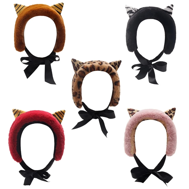 

Japanese Women Winter Thicken Fuzzy Plush Earmuffs Headband Cute Cat Ears Lace-Up Bowknot Earflap Hairband Ear Warmer