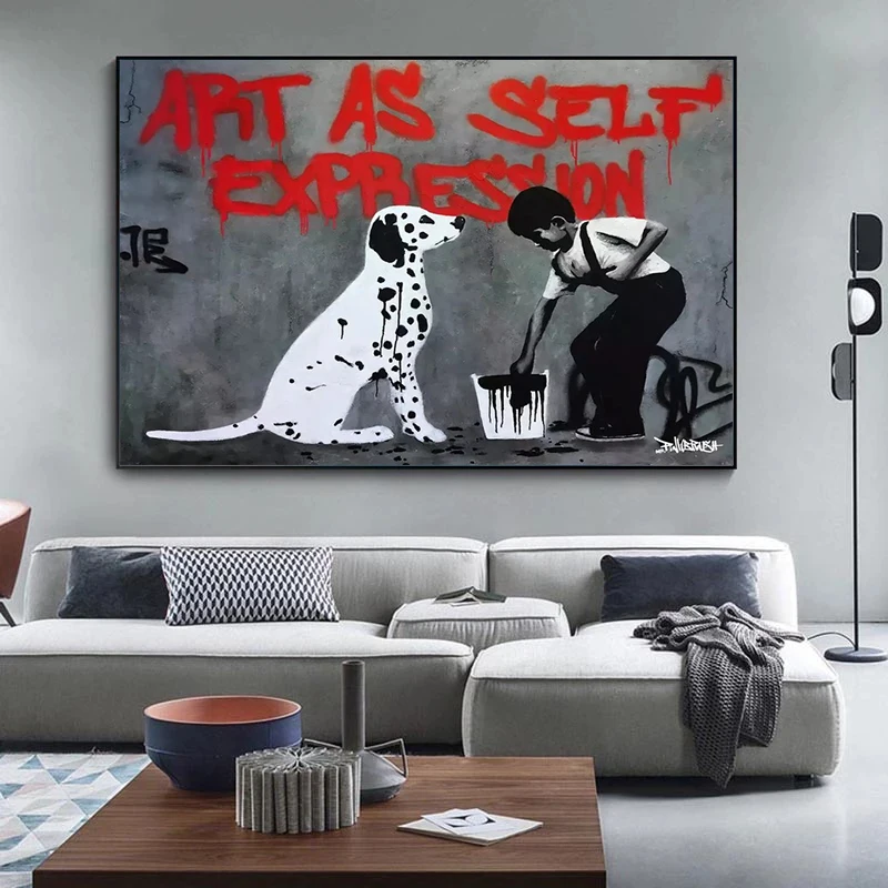 

Black White Banksy Graffiti Art Boy Dog Canvas Painting Wall Art Posters Prints Wall Pictures for Living Room Home Wall Cuadros
