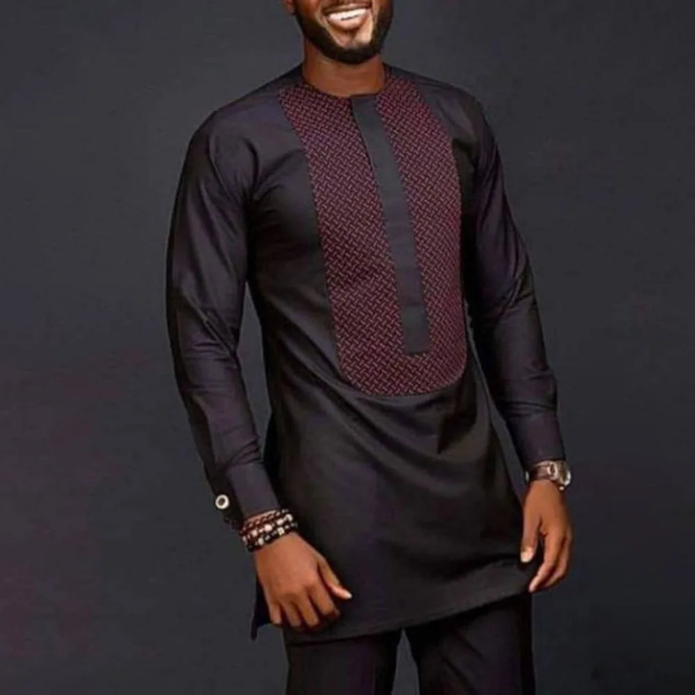 

Muslim Men's Fashion Loose Dashiki Tops Stitching Printed African Mid-length Mens Casual Black T-shirt 2021 Fashion Men Clothing