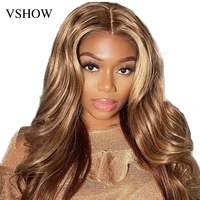 vshow body wave 4x4 lace closure wigs brwon highlight human hair wigs for black women 427 ombre colored peruvian hair preplucke