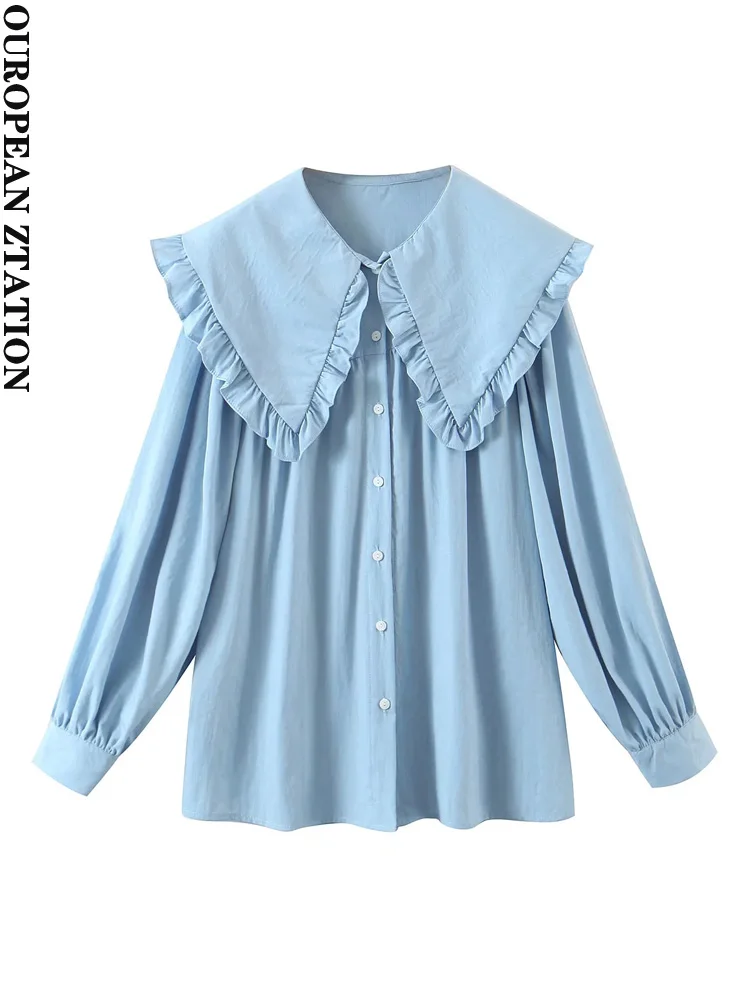 

Женская блузка с воротником «Питер Пэн», длинным рукавом и рюшами