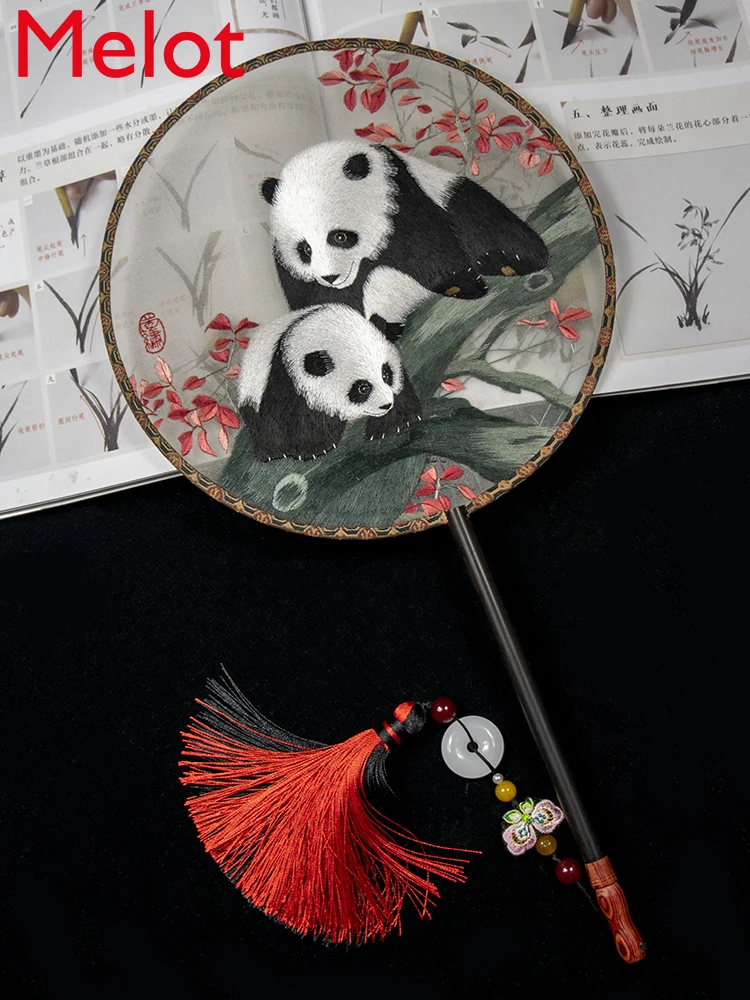 

High-End Luxury Fan Handmade Embroidery Temple Fan Double-Sided Embroidery round Fan Gift Chinese Style Panda Circular Fan