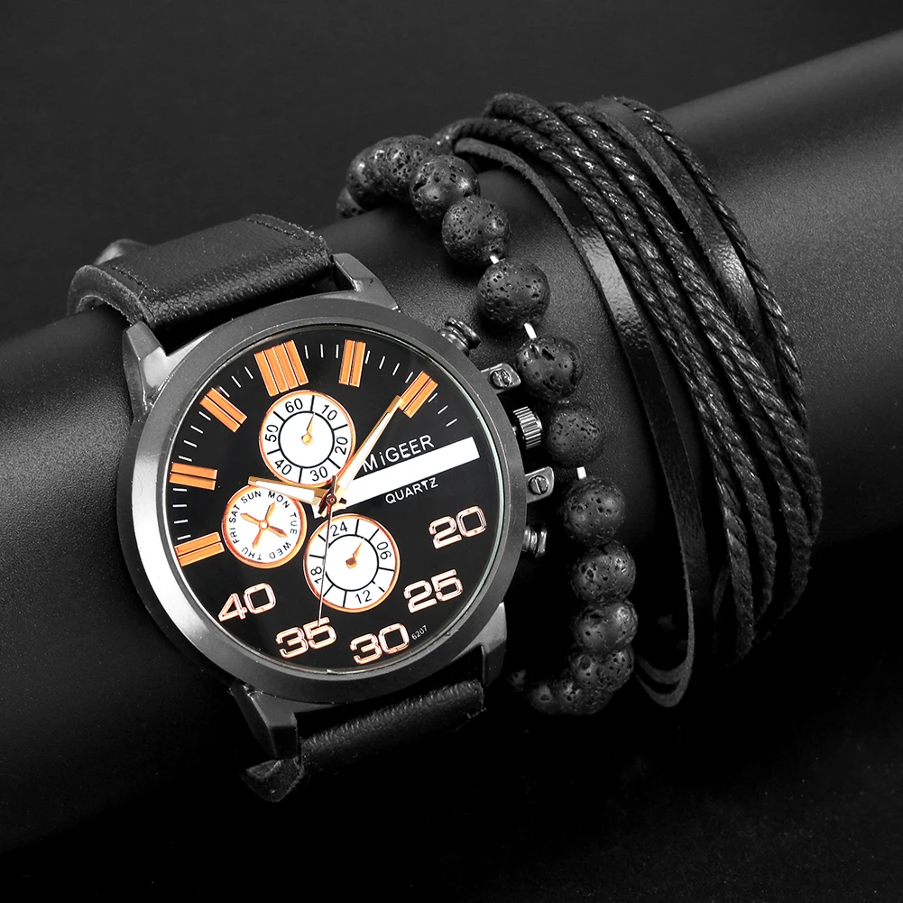 

Man Bracelet Black Quartz Watch Gifts Set Roman Digital Dial Watches Leather Bands Pin Buckle Black Hand Belt Present for Son