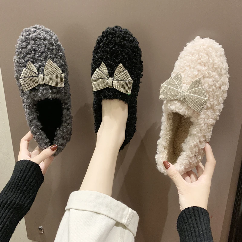 

2020 autumn winter new cotton shoes wild fairy beanie shoes plus velvet shallow rhinestone bow fur shoes Zapatillas Mujer W36-62
