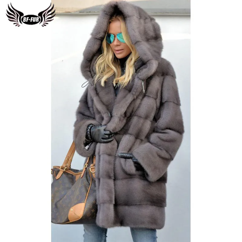 

BFFUR Natural Mink Fur Coat For Women 2021 Fashion Long Genuine Mink Fur Jackets With Hood Luxury Overcoats Pelt Fur Coat Woman