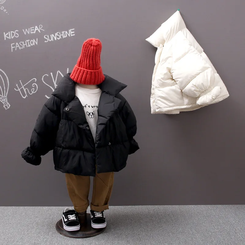 Детский однотонный пуховик с воротником стойкой на молнии|Пальто и парки| |
