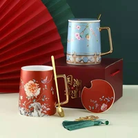 chinese style ceramic cup gift box office water cup with spoon and lid with hand gift national tide mug