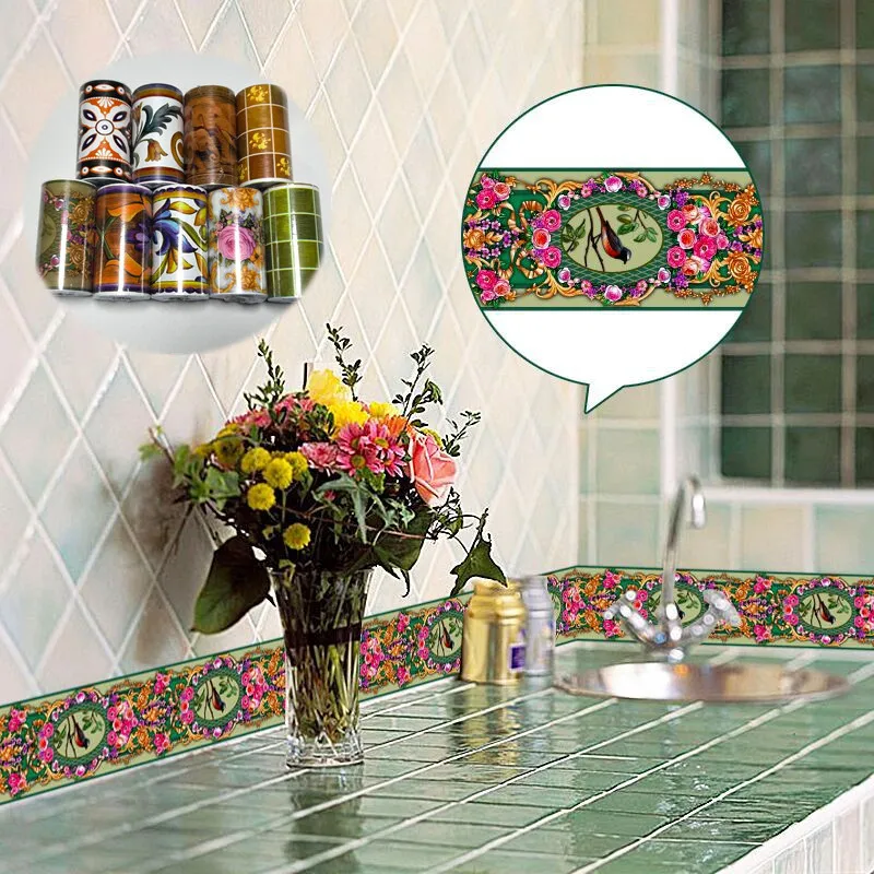 

10M Totem Floral Wall Sticker Self Adhesive Waist Line Wallpaper Borders Sticker DIY Home Decor Glass Tile Decor for Living Room