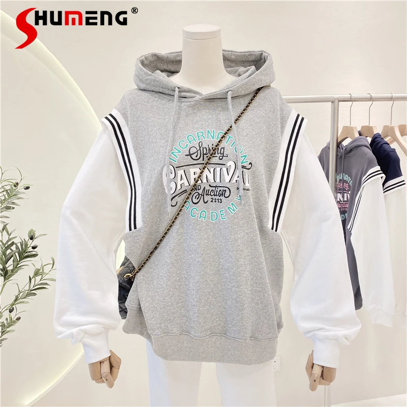 

Letter Printing Stitching False Two-Piece Sweatshirt Female 2021 Autumn New Version Versatile Long Sleeve Hooded Coat Women's