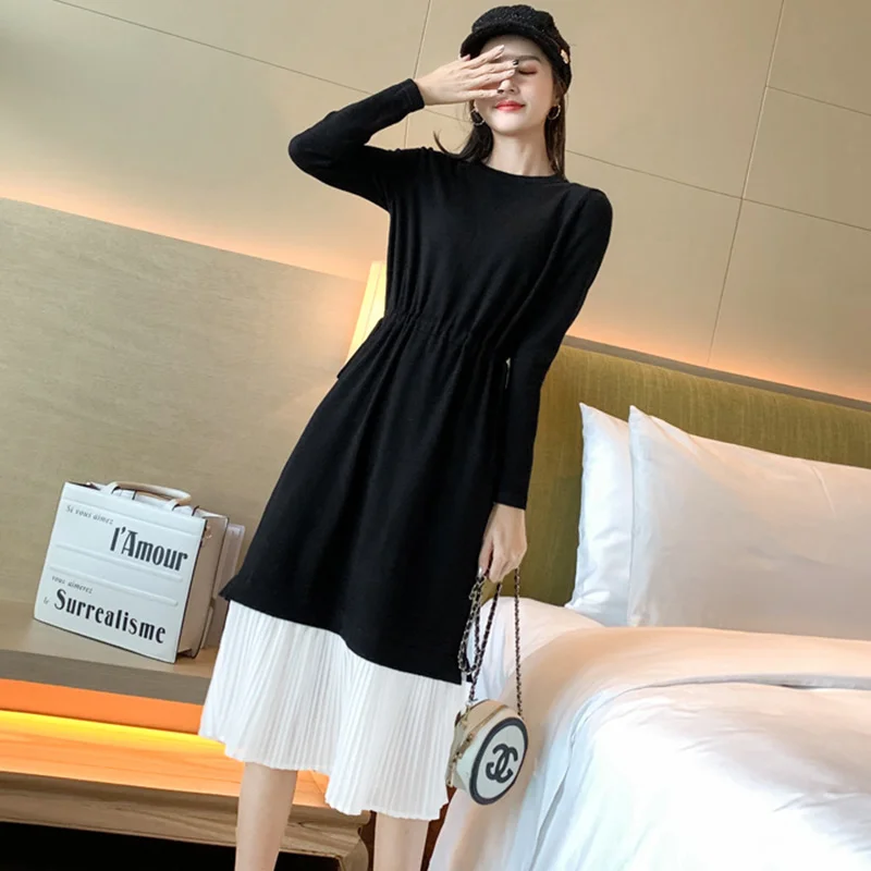 

Autumn Winter Long Sweater Dress Women Chiffon Ruffles Patchwork Sash Drawstring Sweater Dress Femme Knit Casual Dress