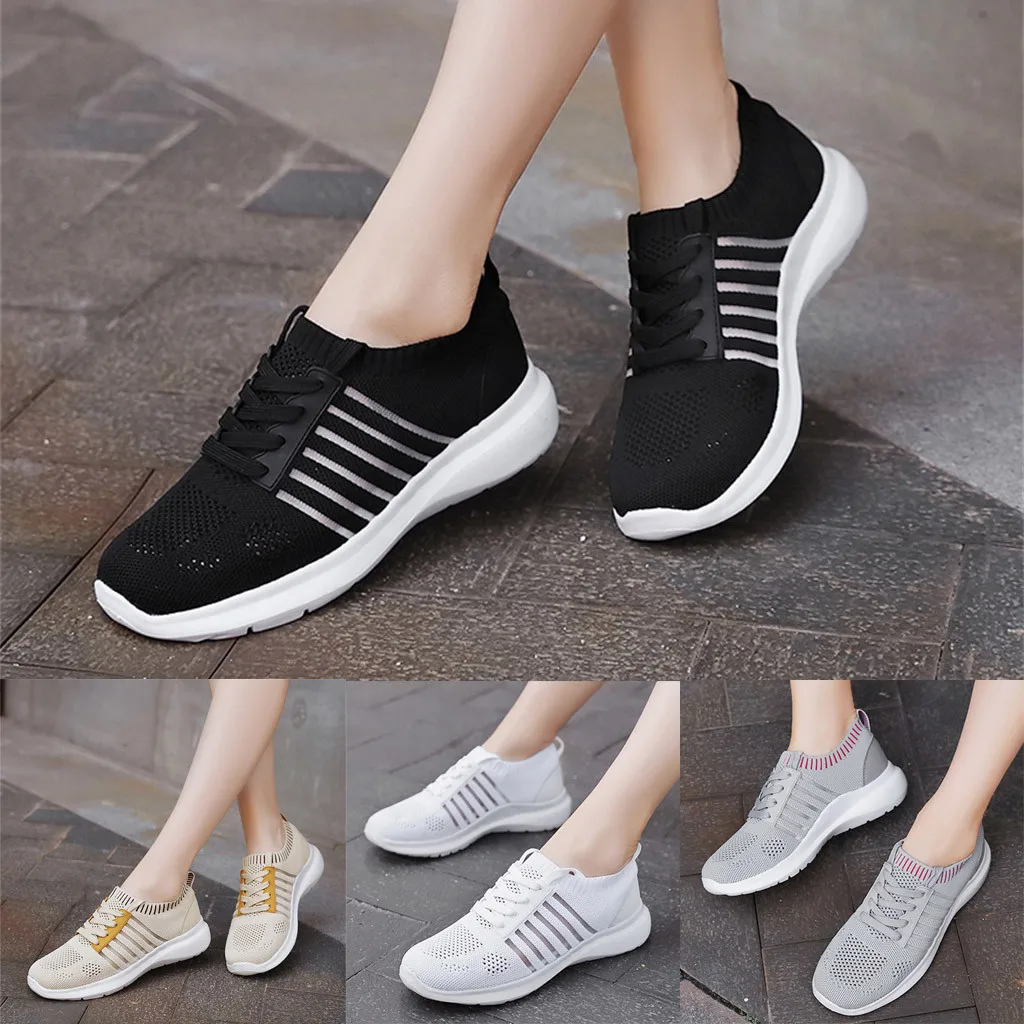 

Summer ladies striped fashion round head sneakers wedges light breathable hollow skid mesh sneakers 2020