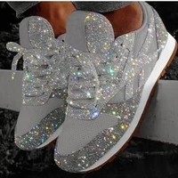hot ladies sequined mesh flat shoes ladies sequined vulcanized shoes lace up breathable sneakers outdoor sports running shoes