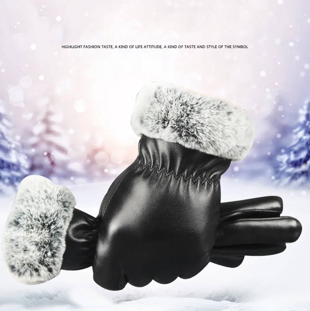 Женские черные кожаные перчатки Осень Зима теплые кроличьи меховые варежки