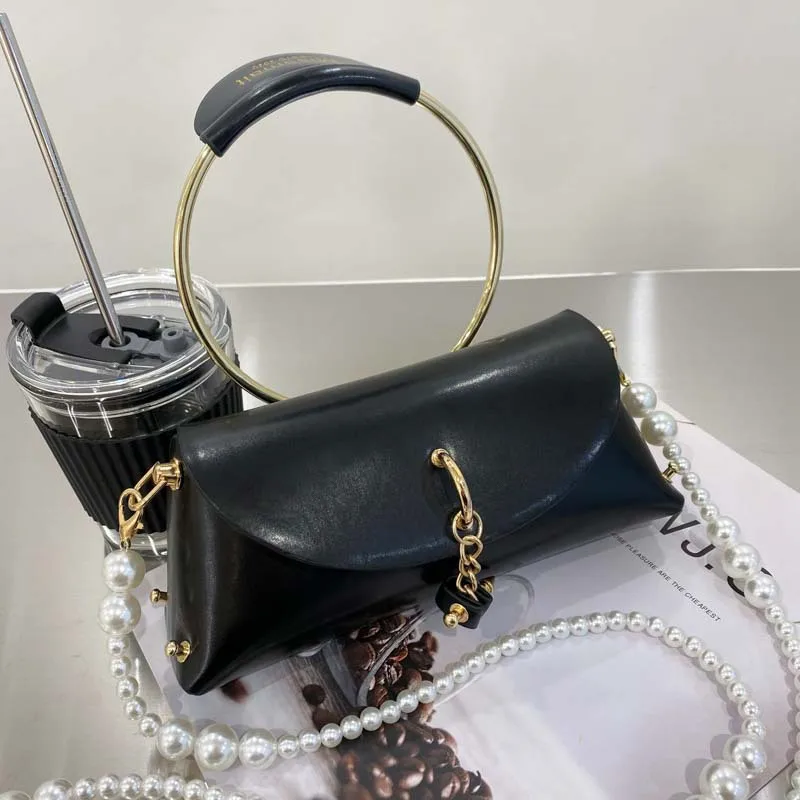 

Womens Handbags Fashion Trend New Personality Ring Design Square Temperament Pearl Chain Shoulder Bag Purses