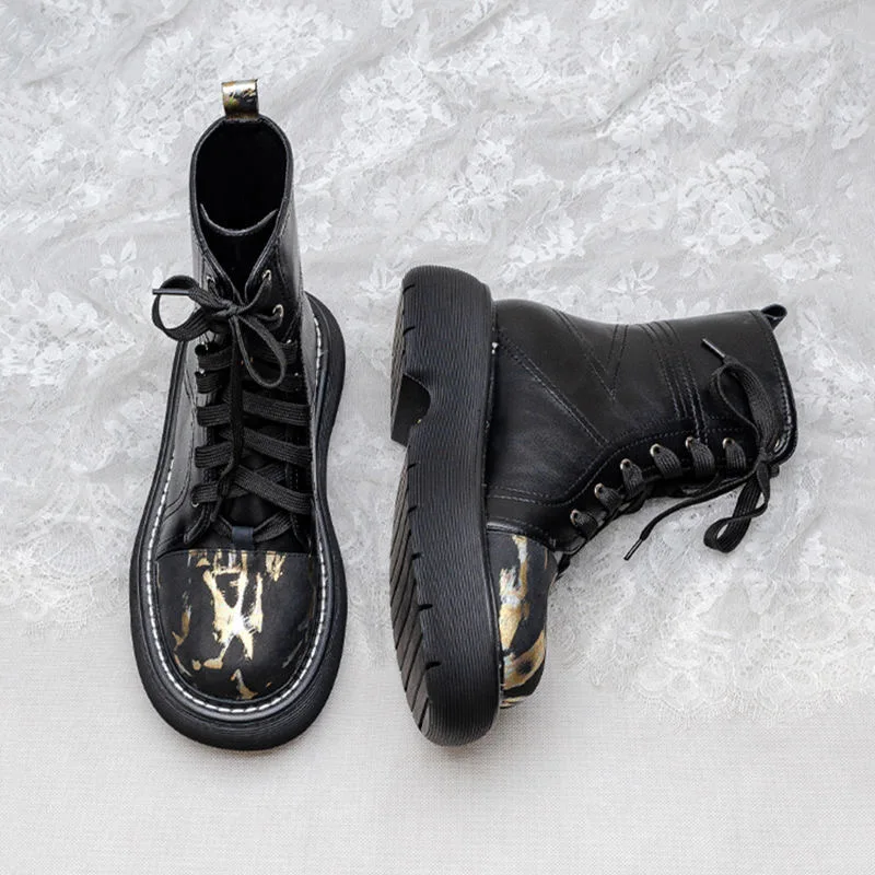 

Women's High Boots Black White Platform Boots Women Boots 2021 New Winter Leathe Boots Lace Up Ankle Boots Motorcycle Thick Heel