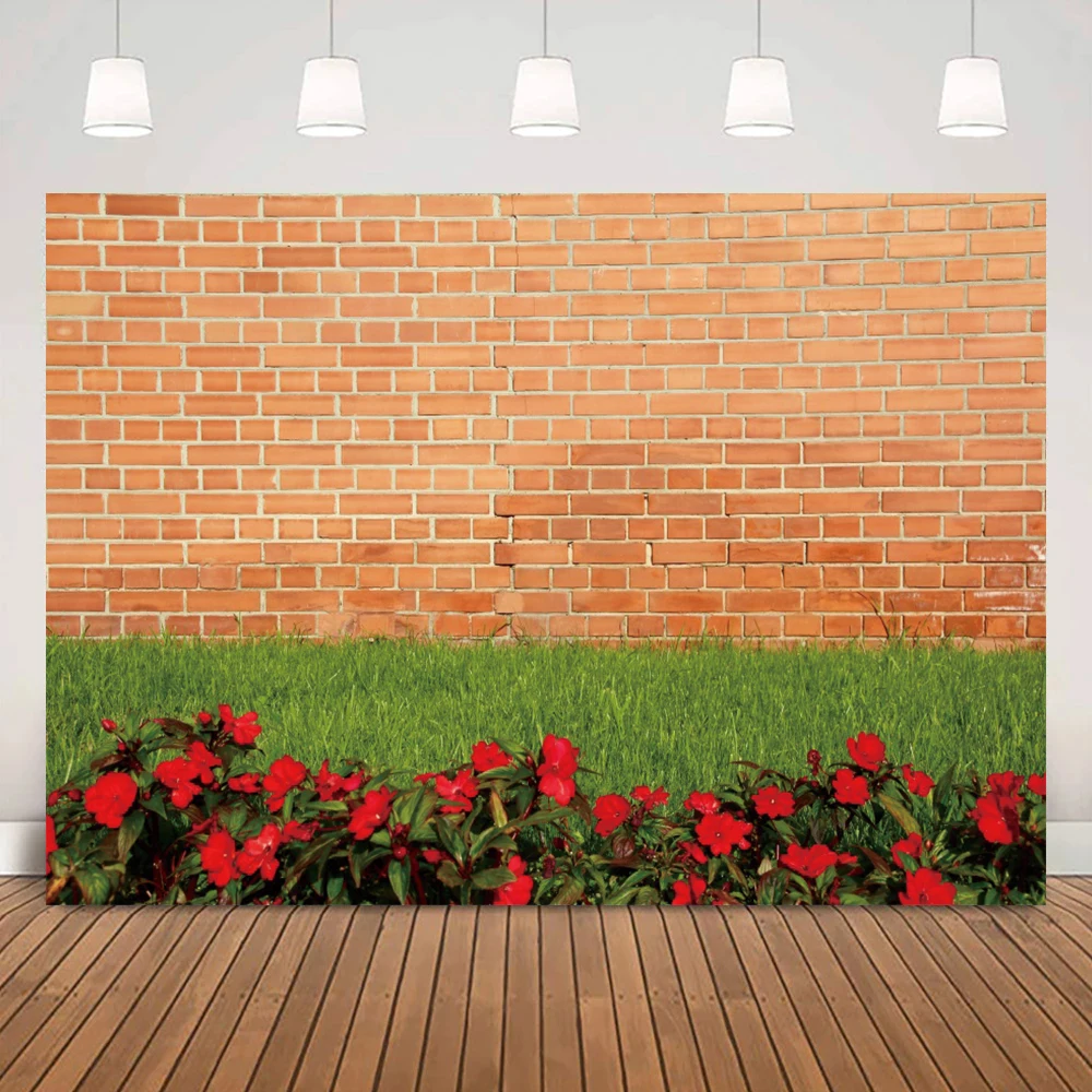 Фон для фотосъемки с изображением коричневой кирпичной стены травы и цветов