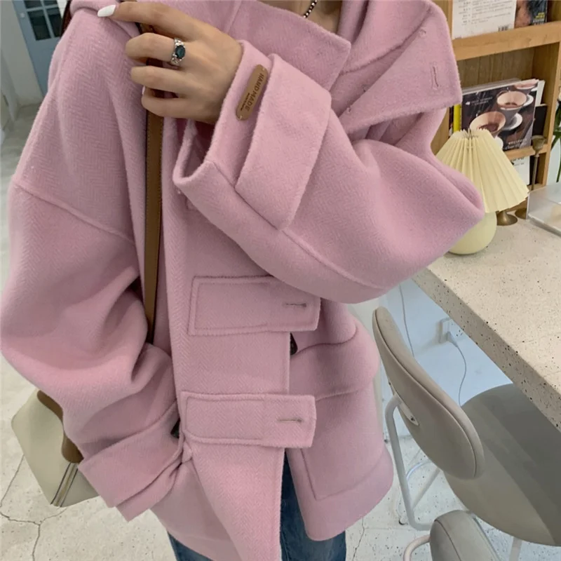 

Осень-зима 2021, новые товары, корейский dongpanasonic ins быстросъемный рожок, пряжка, двустороннее шерстяное пальто ручной работы, женское искусств...