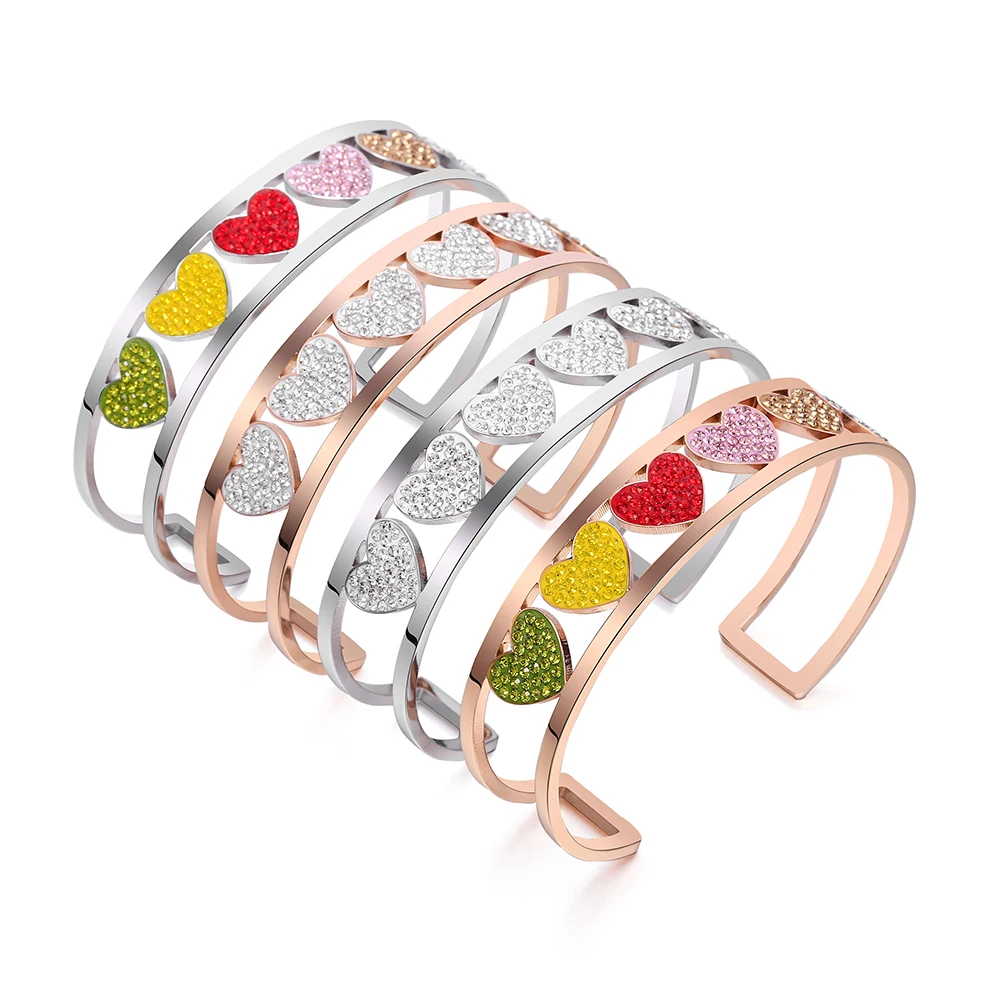 

Stainless Steel Open Cuff Bracelets Bangles for Women Men Fashion Colorful Rhinestone Heart Jewelry Friendship Gift 2020 New