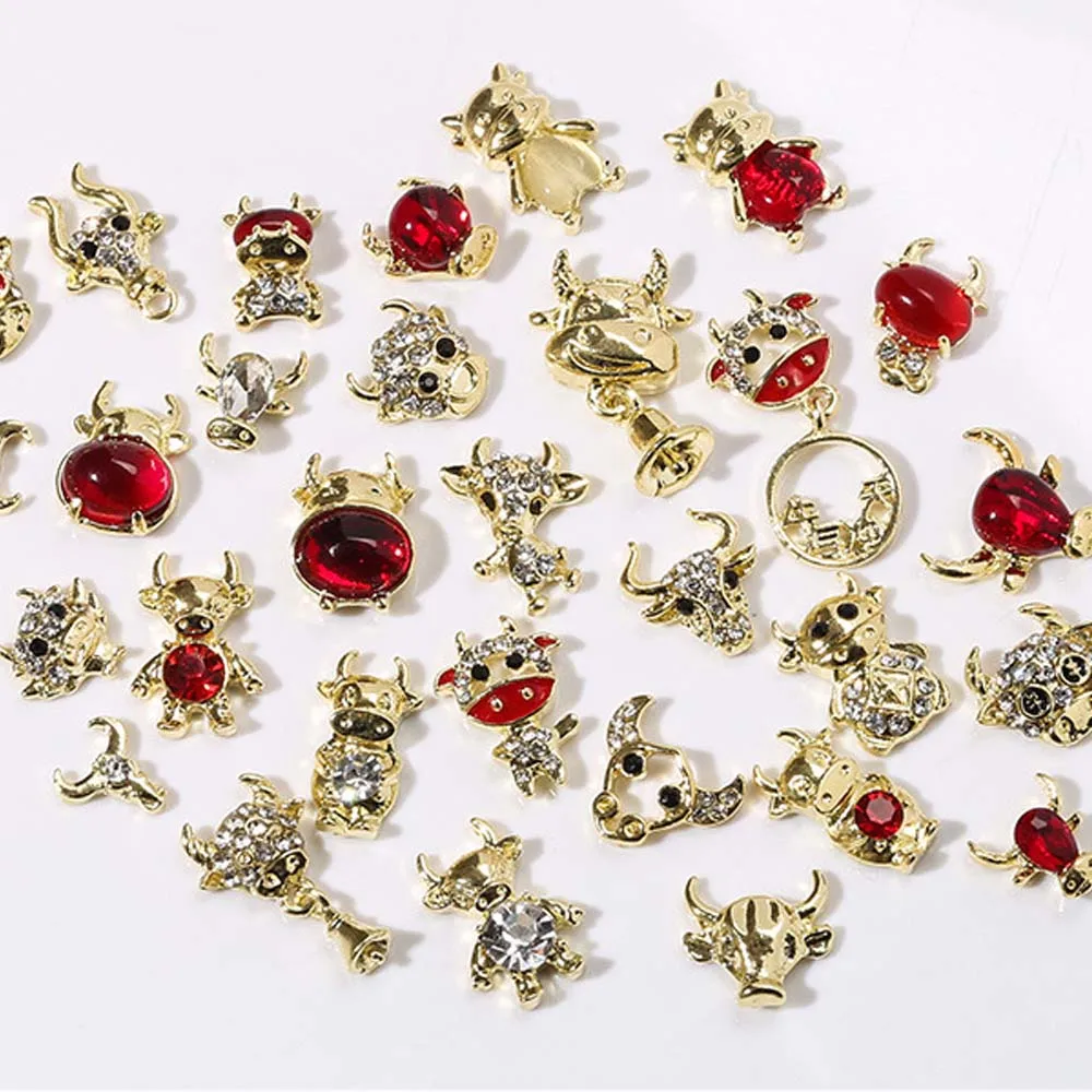 

5Pcs Chinese New Year 3D Nail Rhinestones Zodiac Cattle Animal Nail Art Decorations Zircon Crystal Nails Charms Accessories