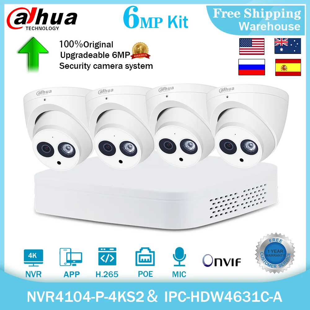 Сетевой видеорегистратор Dahua 4K наблюдения 4CH 8CH POE IP Камера комплект 6MP IPC HDW4631C A NVR4104