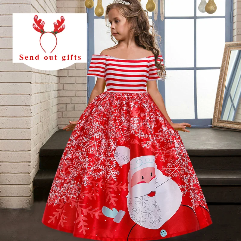 

Girls Christmas Dress Xmas Princess Long Dress European and American Children's Santa Claus Print Clothes New Year Party Dress