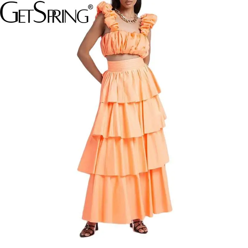 

GetSpring Women Sets Retro Skirt Suits Solid Sleeveless Crop Top High Waist Long Cake Skirt Two piece Sets Summer 2021 Fashion