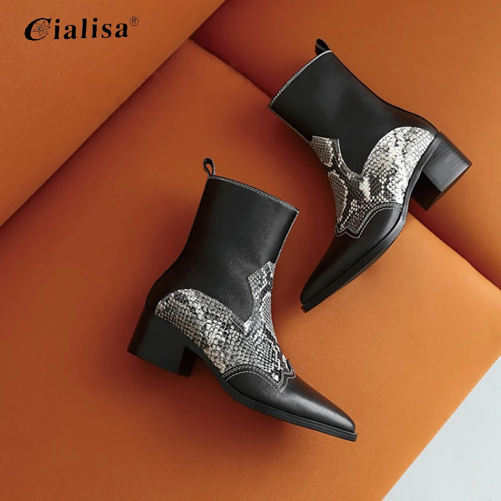 

CIALISA Women Shoes 2020 New Design Serpentine Genuine Leather Round Toe Patchwork Fashion Handmade Women Ankle Boot