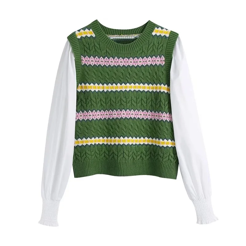 

MESTTRAF Sexy 2022 Women Patchwork Knit Sweater Vintage Round Neck Long Sleeve Female Pullovers Chic Tops