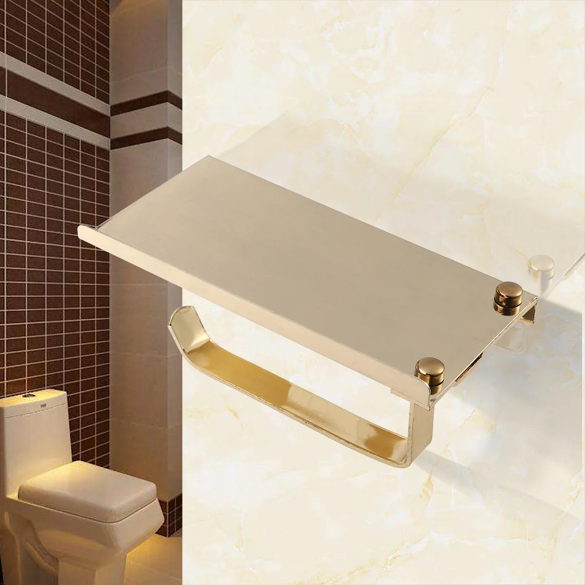 

Bathroom Stainless Steel Paper Roll Tissue Holder with Phone Shelf (Golden)