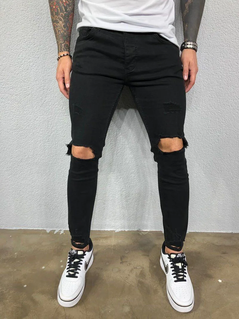 Men Ripped Jeans Skinny  High Street Style Elasticity Slim Frayed Casual Black Blue Gyms Jogger Track Knee Hole Denim