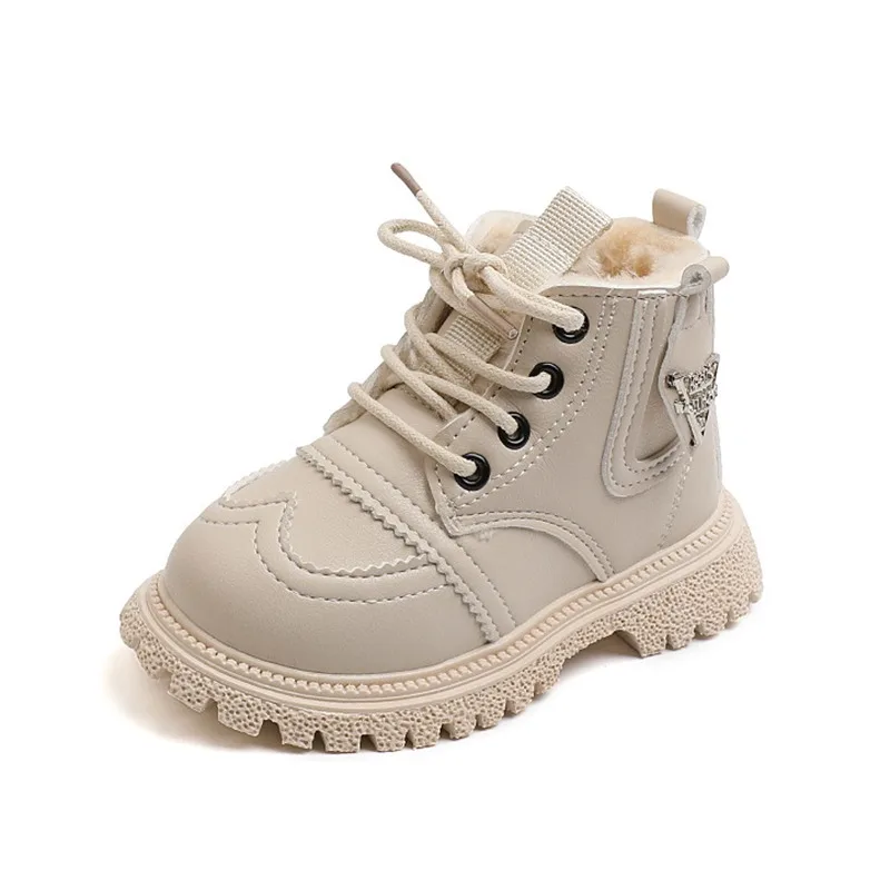 

PU Leather Winter Warm Children Boy and Girls Solid Martin Boots British Style Zipper Lace Up Boots