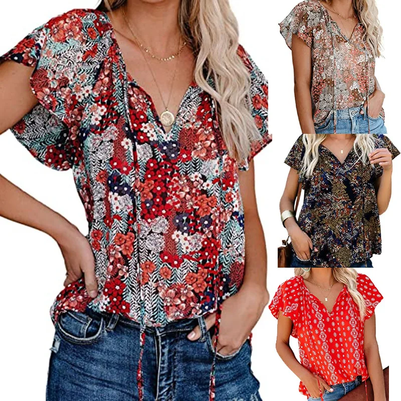 

Women Casual Floral Print Chiffon Blouses Shirts V-neck 2021 New Fashion Girls Loose Blouses Streetwear Clothing Euro Style Tops