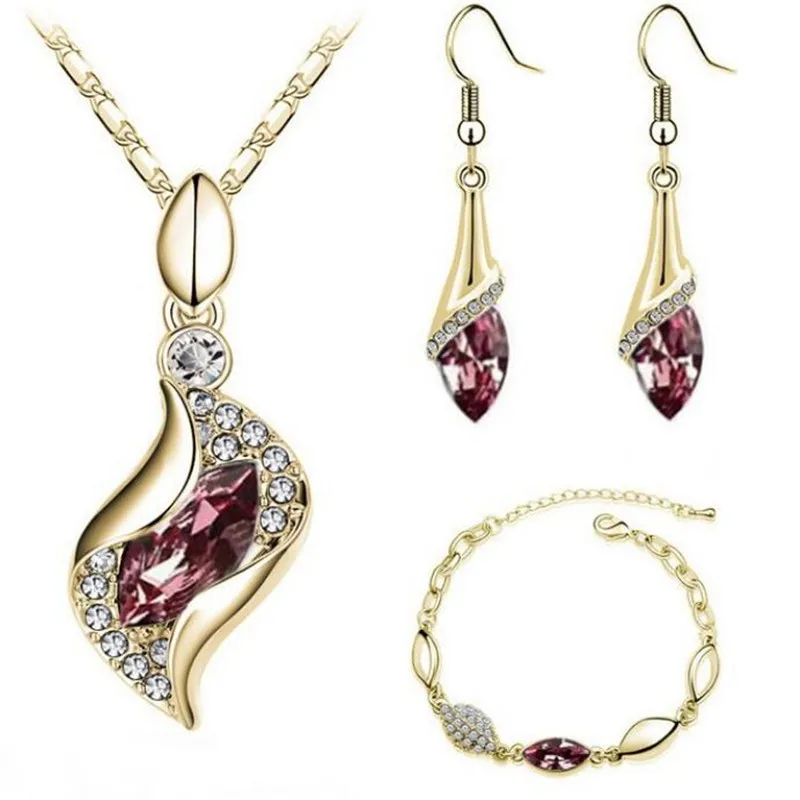 

New fashion exquisite water drop zircon necklace earrings bracelet three-piece multi-color women's jewelry gifts wholesale