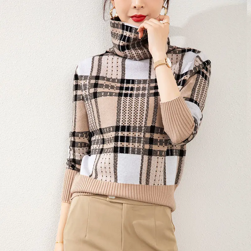 

EBAIHUI Wool Women Turtleneck Sweater 2021 Autumn Winter Warm Soft Knitted Pullover Femme Jumper Women Plaid Loose Sweater